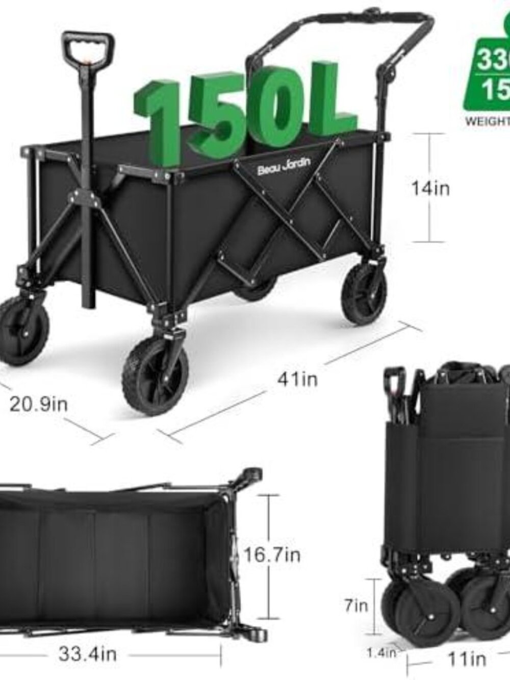 BEAU JARDIN Folding Wagon Cart 350 Pound Capacity Collapsible Utility Black - Picture 2 of 2